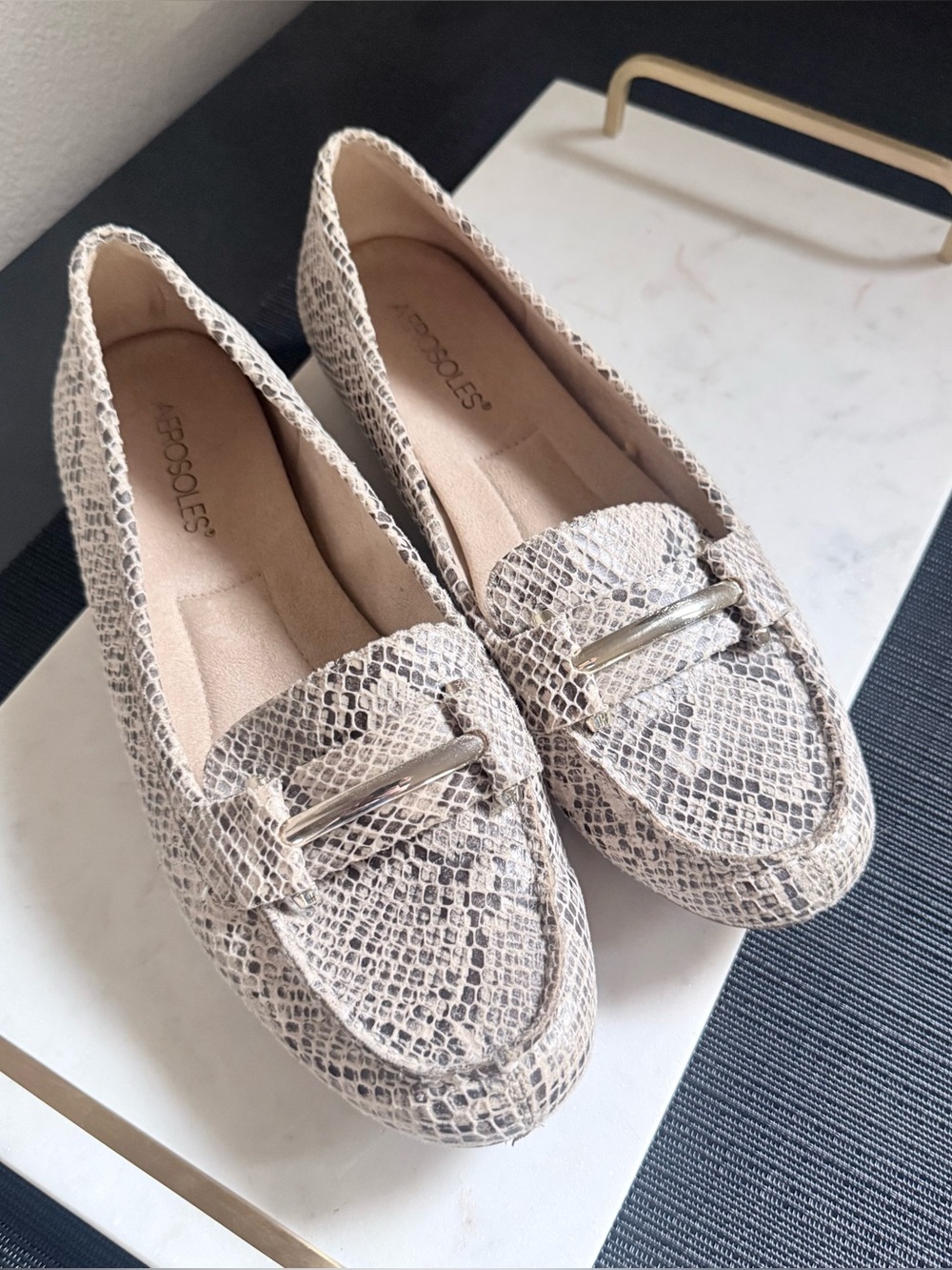 AEROSOLES Beige Snake-Print Slip-On Loafers with Metal Bit Size 10